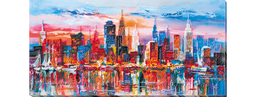 фото: картина для вышивки бисером городской пейзаж, вечерний мегаполис, небоскрёбы в лучах заходящего солнца