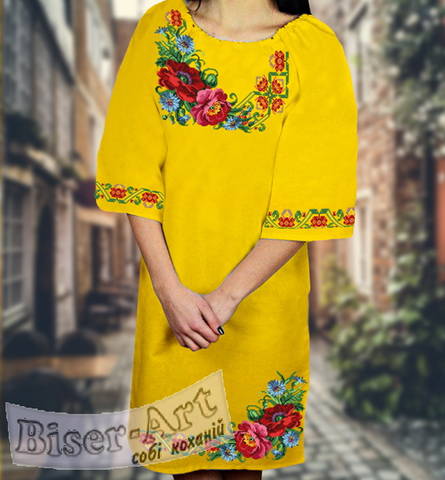 фото: жёлтое женское платье (заготовка) с вышивкой букет и цветной узор