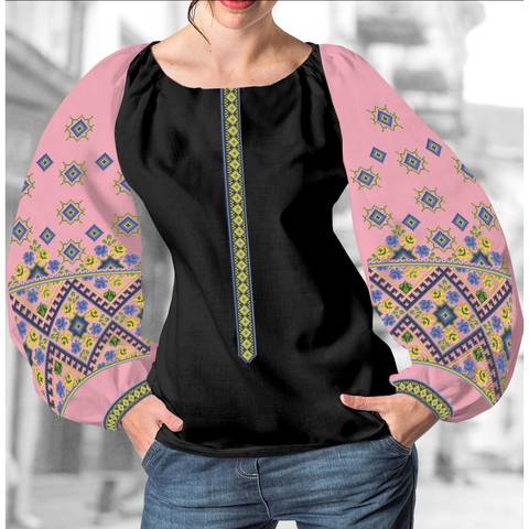 фото: блуза Бохо (заготовка) с вышивкой геометрический узор с ромбами, цвет розовый