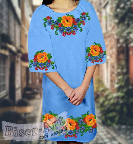 фото: голубое платье (заготовка) с вышивкой оранжевые маки и васильки