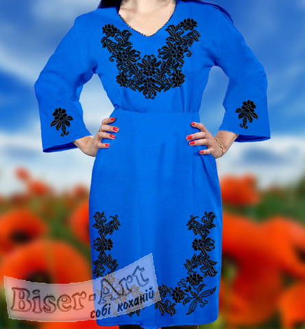фото: синее женское платье (заготовка) с вышивкой чёрный цветочный узор