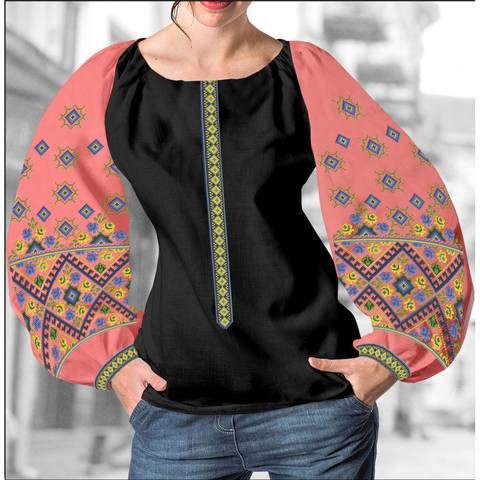 фото: блуза Бохо (заготовка) с вышивкой геометрический узор с ромбами, цвет коралловый