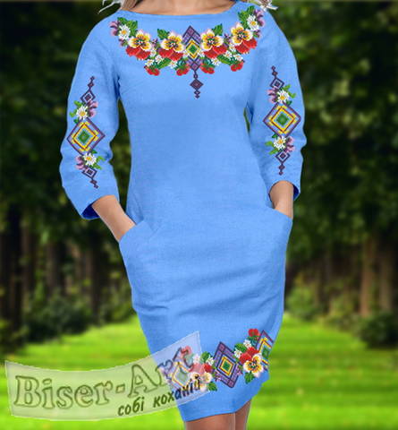фото: голубое женское платье (заготовка) с вышивкой цветы анютины глазки