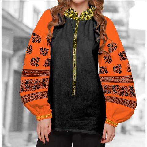 фото: блуза Бохо (заготовка) с вышивкой чёрный узор и геометрический орнамент, цвет оранжевый