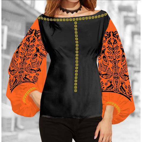 фото: блуза Бохо (заготовка) с вышивкой чёрный узор и пара птиц, цвет оранжевый