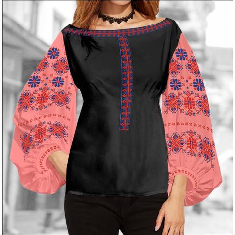 фото: блуза Бохо (заготовка) с вышивкой геометрический узор со стилизованными цветами, цвет коралловый