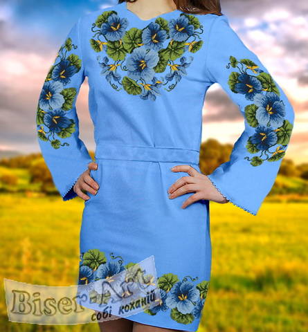 фото: голубое женское платье (заготовка) с вышивкой голубой вьюнок