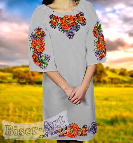 фото: вышитое бисером женское платье, ткань серый габардин