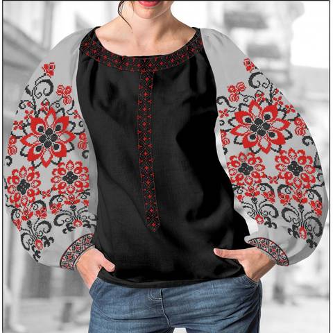 фото: блуза Бохо (заготовка) с вышивкой красно-чёрный узор со стилизованными цветами, цвет серый