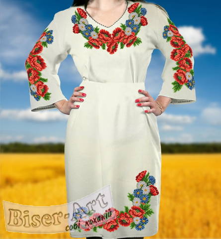 фото: вышитое бисером женское платье, ткань молочный габардин