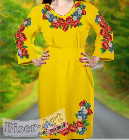 фото: жёлтое женское платье (заготовка) с вышивкой маки