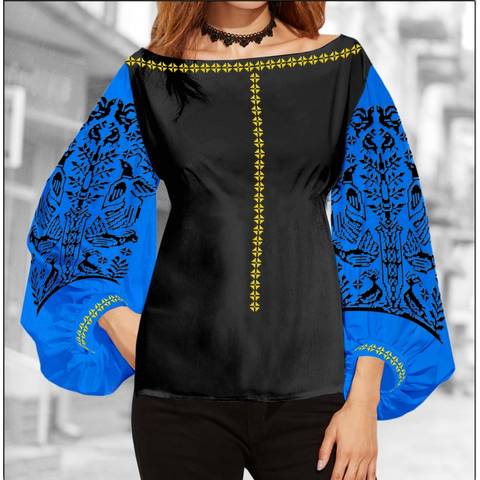 фото: блуза Бохо (заготовка) с вышивкой чёрный узор и пара птиц, цвет синий