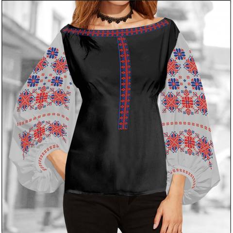фото: блуза Бохо (заготовка) с вышивкой геометрический узор со стилизованными цветами, цвет серый