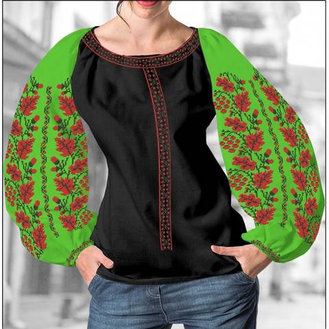 фото: блуза Бохо (заготовка) с вышивкой калина, желуди и листья дуба, цвет салатовый