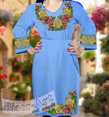 фото: вышитое бисером женское платье, ткань голубой габардин