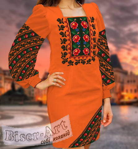 фото: вышитое бисером женское платье, ткань оранжевый габардин
