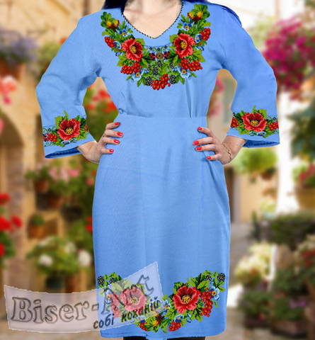 фото: женское платье (заготовка, ткань голубой габардин) с вышивкой маки, калина, ежевика, желуди