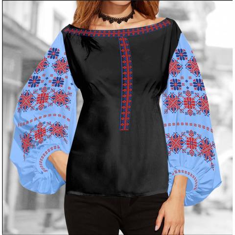 фото: блуза Бохо (заготовка) с вышивкой геометрический узор со стилизованными цветами, цвет голубой