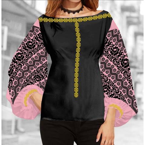 фото: блуза Бохо (заготовка) с вышивкой чёрный цветочный узор, цвет розовый