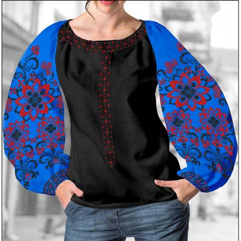 фото: блуза Бохо (заготовка) с вышивкой красно-чёрный узор со стилизованными цветами, цвет синий