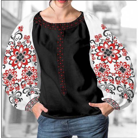 фото: блуза Бохо (заготовка) с вышивкой красно-чёрный узор со стилизованными цветами, цвет белый