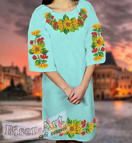 фото: мятное женское платье (заготовка) с вышивкой подсолнухи
