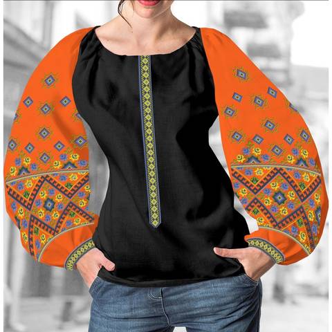 фото: блуза Бохо (заготовка) с вышивкой геометрический узор с ромбами, цвет оранжевый