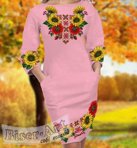 фото: розовое женское платье (заготовка) с вышивкой маки и подсолнухи