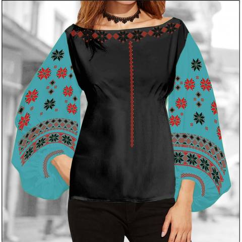 фото: блуза Бохо (заготовка) с вышивкой геометрический узор со стилизованными цветами, цвет изумрудный