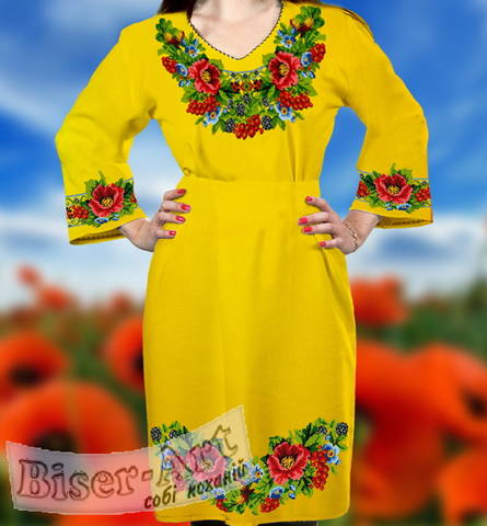 фото: женское платье (заготовка, ткань желтый габардин) с вышивкой маки, калина, ежевика, желуди