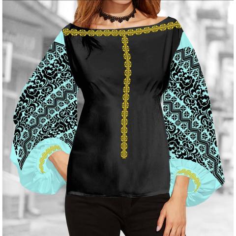 фото: блуза Бохо (заготовка) с вышивкой чёрный цветочный узор, цвет мятный