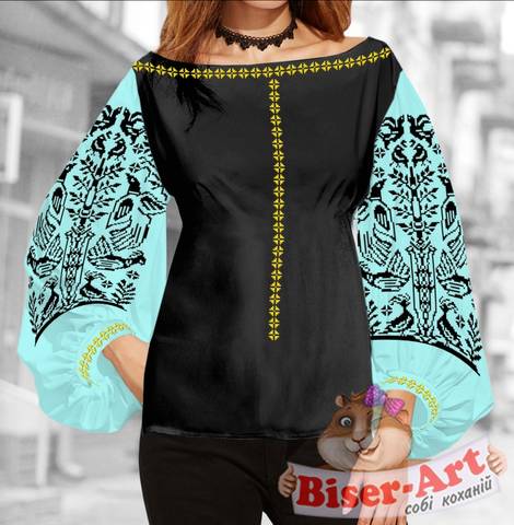 фото: блуза Бохо (заготовка) с вышивкой чёрный узор и пара птиц, цвет мятный