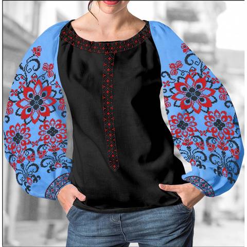 фото: блуза Бохо (заготовка) с вышивкой красно-чёрный узор со стилизованными цветами, цвет голубой