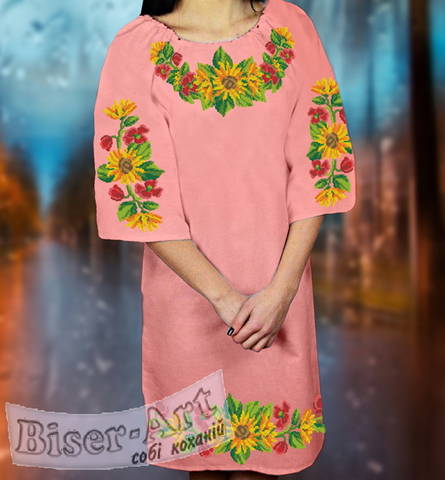 фото:коралловое женское платье (заготовка) с вышивкой подсолнухи