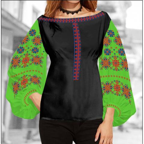 фото: блуза Бохо (заготовка) с вышивкой геометрический узор со стилизованными цветами, цвет зелёный