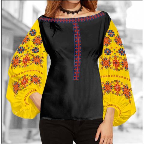 фото: блуза Бохо (заготовка) с вышивкой геометрический узор со стилизованными цветами, цвет жёлтый