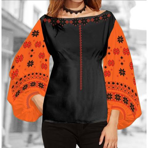 фото: блуза Бохо (заготовка) с вышивкой геометрический узор со стилизованными цветами, цвет оранжевый