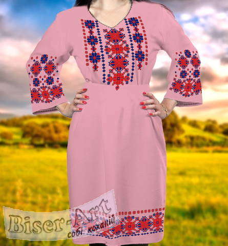 фото: вышитое бисером женское платье, ткань розовый габардин