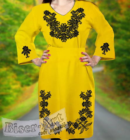 фото: жёлтое женское платье (заготовка) с вышивкой чёрный цветочный узор