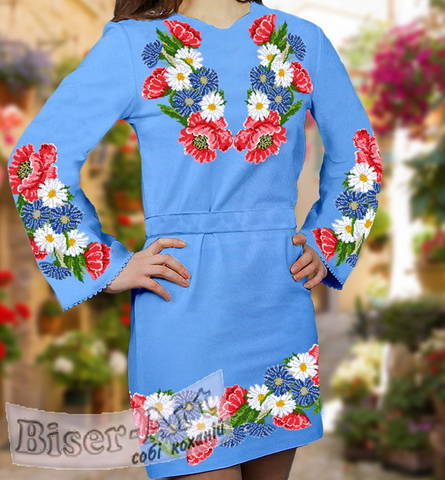 фото: голубое женское платье (заготовка) с вышивкой маки, васильки, ромашки
