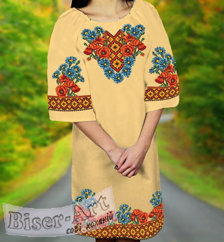 фото: вышитое бисером женское платье, ткань абрикосовый габардин