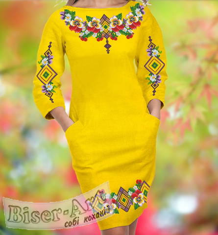 фото: жёлтое женское платье (заготовка) с вышивкой цветы анютины глазки