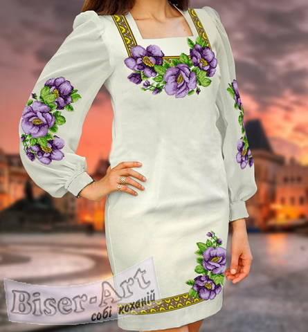 фото: вышитое бисером женское платье, ткань молочный габардин