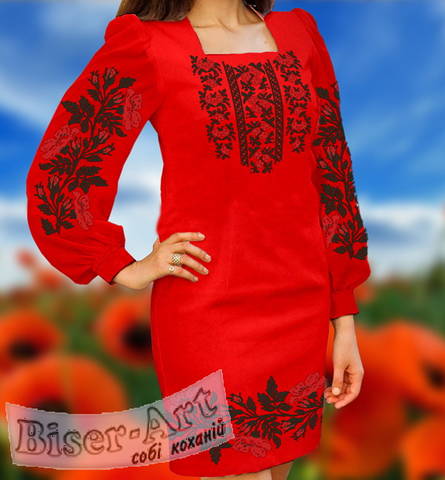фото: вышитое бисером женское платье, ткань красный габардин