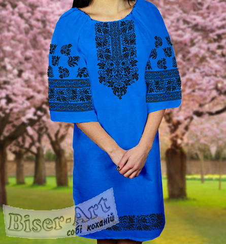 фото: вышитое бисером женское платье, ткань синий габардин