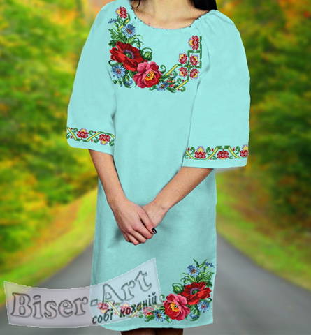 фото: мятное женское платье (заготовка) с вышивкой букет и цветной узор