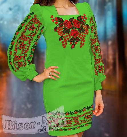 фото: вышитое бисером женское платье, ткань зелёный габардин