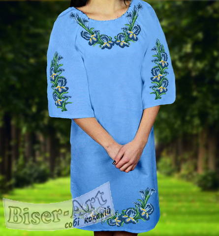 фото: голубое женское платье (заготовка) с вышивкой голубые ирисы