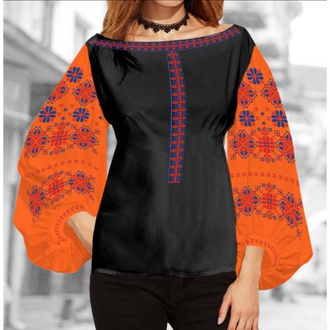 фото: блуза Бохо (заготовка) с вышивкой геометрический узор со стилизованными цветами, цвет оранжевый