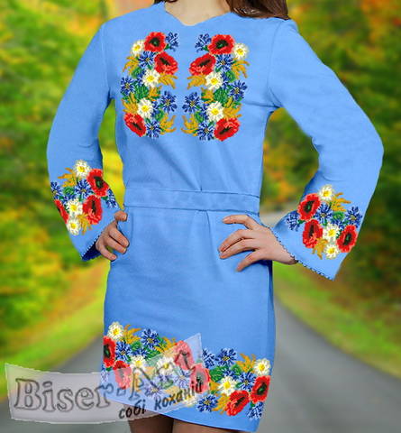 фото: голубое женское платье (заготовка) с вышивкой колосья пшеницы, маки, васильки, ромашки